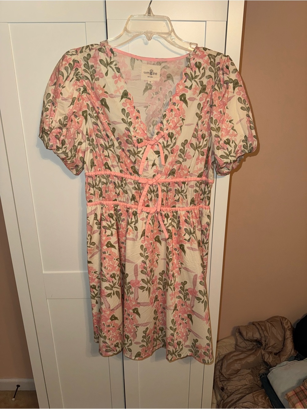 Umgee Cream Dress with Pink Floral Print and Puff Sleeves